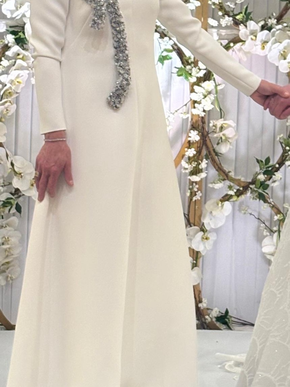 Long Sleeve Cream A-Line Wedding Dress with Embellished Tie